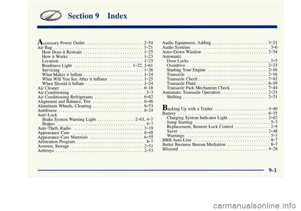 Oldsmobile Achieva 1997  Owners Manuals Section 9 Index 
Accessory Power Outlet ......... ....... 2-54 
AirBag 
..................................... 1-21 
How Does  it Restrain .......................... 1-25 
How  it Works 
...... ... ...