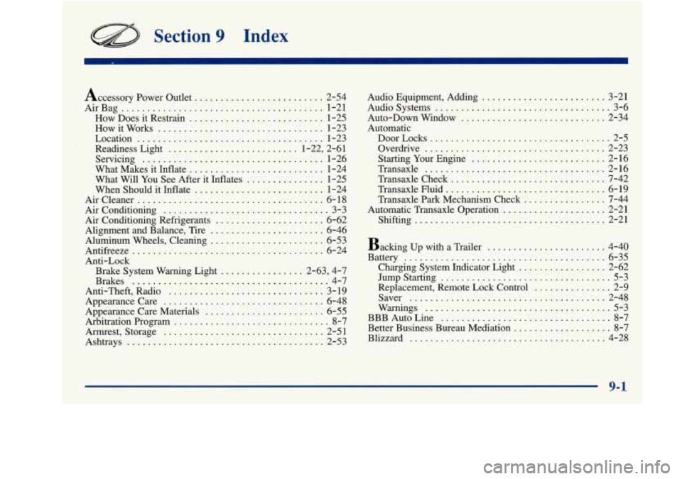 Oldsmobile Achieva 1997  Owners Manuals Section 9 Index 
Accessory Power Outlet ......... ....... 2-54 
AirBag 
..................................... 1-21 
How Does  it Restrain .......................... 1-25 
How  it Works 
...... ... ...