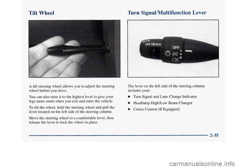 Oldsmobile Achieva 1997 s Owners Manual Tilt Wheel Turn
Signal/Multifunction Lever
A tilt steering wheel allows you to adjust the steering
wheel before you drive.
You can also raise it to the highest level to give your Oldsmobile Achieva 1997 s Owners Manual Tilt Wheel Turn
Signal/Multifunction Lever
A tilt steering wheel allows you to adjust the steering
wheel before you drive.
You can also raise it to the highest level to give your