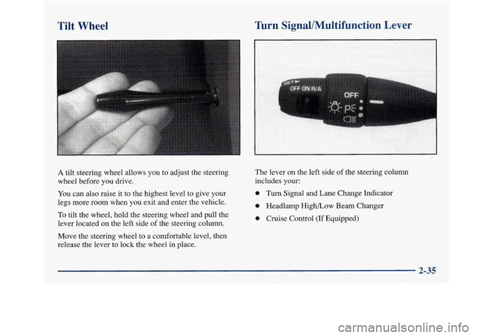Oldsmobile Achieva 1997  Owners Manuals Tilt  Wheel Turn 
Signal/Multifunction  Lever 
A tilt steering  wheel allows  you to  adjust  the  steering 
wheel before  you drive. 
You  can  also  raise  it  to the  highest  level  to  give  your