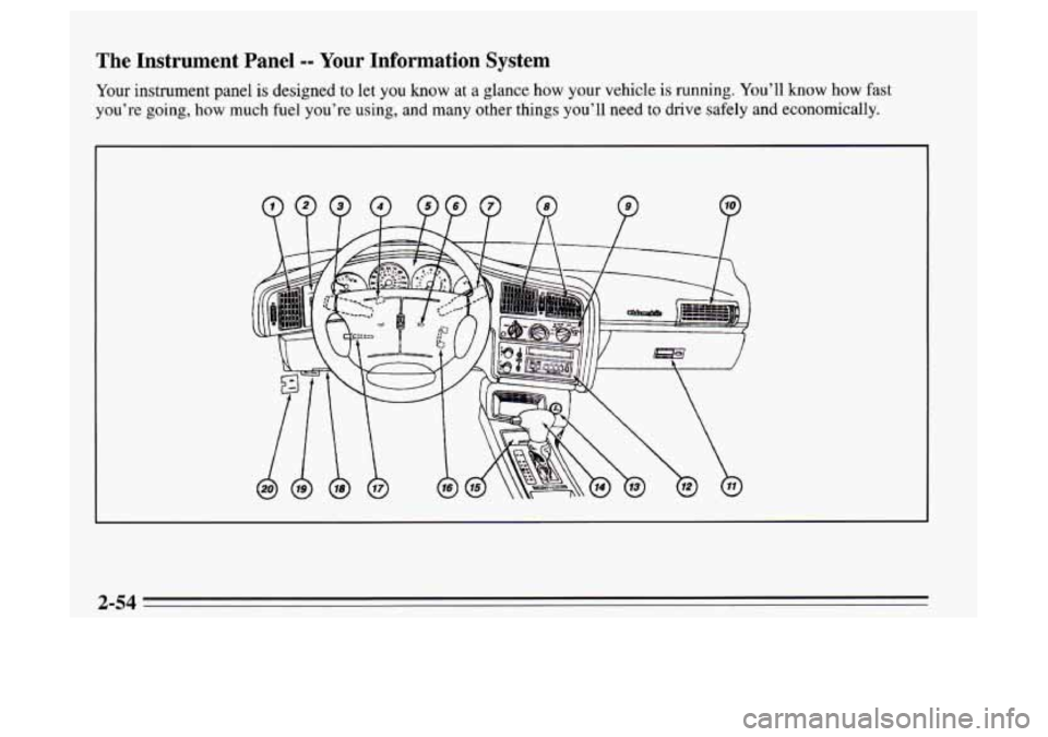 Oldsmobile Achieva 1995  Owners Manuals The  Instrument  Panel -- Your Information  System 
Your instrument  panel is designed to let you know at a glance  how your vehicle is running.  You’ll know how fast 
you’re  going, how much  fue