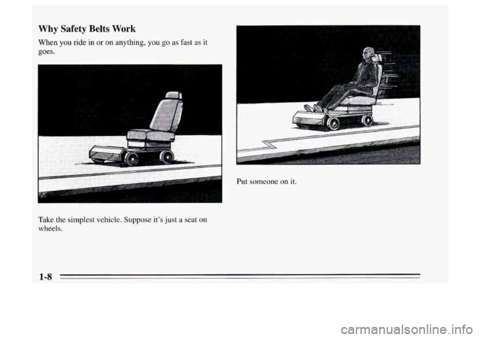 Oldsmobile Achieva 1995  s User Guide Why  Safety  Belts Work 
When you ride in or  on  anything,  you go as fast as  it 
goes. 
Take the  simplest vehicle. Suppose it’s just a seat on 
wheels. 
Put someone on it. 
1-s  