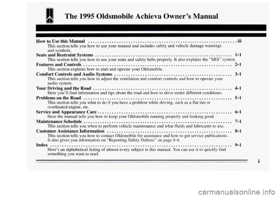 Oldsmobile Achieva 1995  Owners Manuals I The 1995 Oldsrnobile  Achieva Owner’s Manual 
~~ ... How to Use  this  Manual .............................................................. .111 
This section  tells  you  how  to  use  your  man