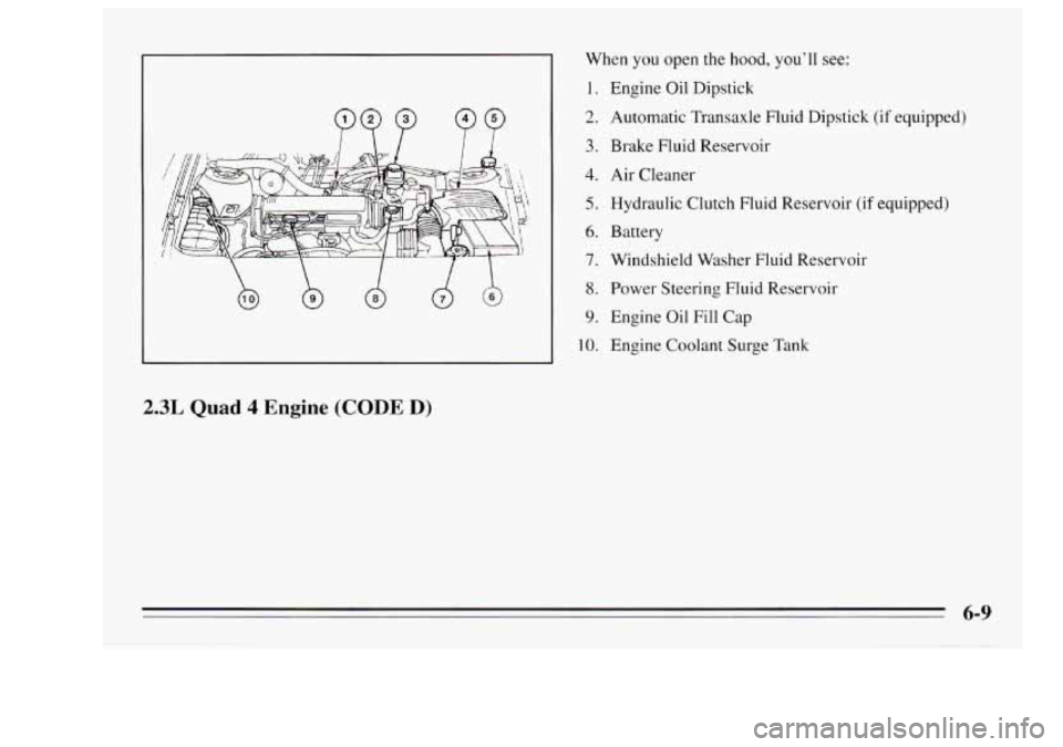 Oldsmobile Achieva 1995  s Service Manual b b d 
2.3L Quad 4 Engine (CODE D) 
When you open the hood, you’ll see: 
1. 
2. 
3. 
4. 
5. 
6. 
7. 
8. 
9. 
10. 
Engine  Oil Dipstick 
Automatic  Transaxle Fluid  Dipstick 
(if equipped) 
Brake Flu