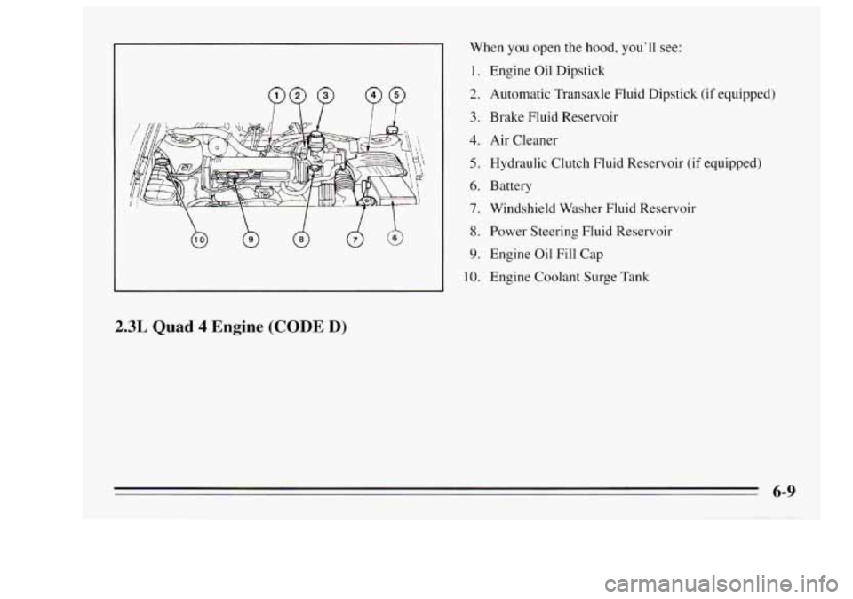 Oldsmobile Achieva 1995 Owners Manuals b b d
2.3L Quad 4 Engine (CODE D)
When you open the hood, you’ll see:
1.
2.
3.
4.
5.
6.
7.
8.
9.
10.
Engine Oil Dipstick
Automatic Transaxle Fluid Dipstick
(if equipped)
Brake Flu Oldsmobile Achieva 1995 Owners Manuals b b d
2.3L Quad 4 Engine (CODE D)
When you open the hood, you’ll see:
1.
2.
3.
4.
5.
6.
7.
8.
9.
10.
Engine Oil Dipstick
Automatic Transaxle Fluid Dipstick
(if equipped)
Brake Flu