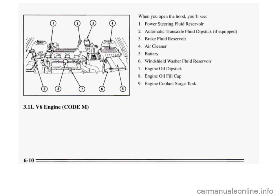Oldsmobile Achieva 1995 Owners Manuals P P P
3.1L V6 Engine (CODE M)
When you open the hood, you’ll see:
1.
2.
3.
4.
5.
6.
7.
8.
9.
Power Steering Fluid Reservoir
Automatic Transaxle Fluid Dipstick (if equipped)
Brake Oldsmobile Achieva 1995 Owners Manuals P P P
3.1L V6 Engine (CODE M)
When you open the hood, you’ll see:
1.
2.
3.
4.
5.
6.
7.
8.
9.
Power Steering Fluid Reservoir
Automatic Transaxle Fluid Dipstick (if equipped)
Brake