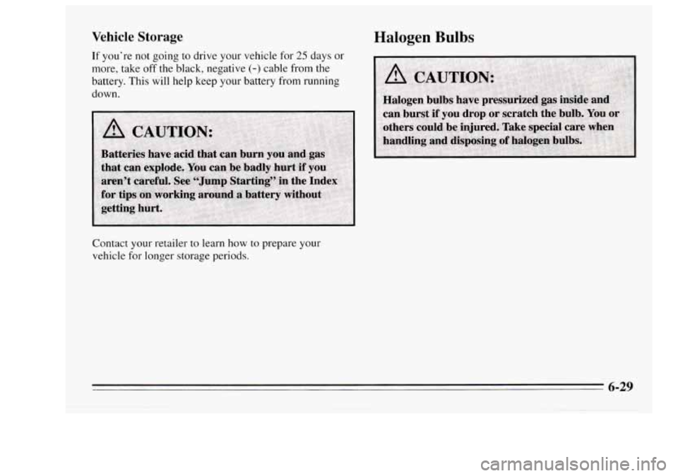 Oldsmobile Achieva 1995  Owners Manuals Vehicle Storage 
If you’re  not going to drive  your  vehicle  for 25 days or 
more, take  off the  black,  negative (-) cable  from  the 
battery.  This will help  keep  your battery 
from running 