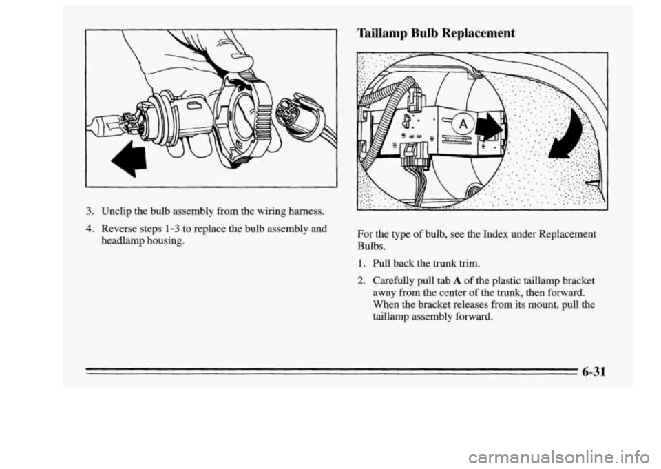 Oldsmobile Achieva 1995  Owners Manuals 3. Unclip the bulb  assembly  from the  wiring  harness. 
4. Reverse  steps 1-3 to  replace  the bulb  assembly  and 
headlamp  housing. 
Taillamp  Bulb  Replacement 
For  the type of bulb,  see the  