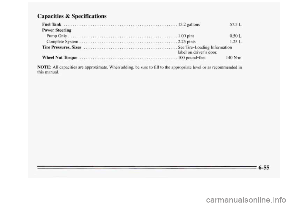 Oldsmobile Achieva 1995  Owners Manuals Capacities & Specifications 
FuelTank ................................................... 
Power  Steering 
PumpOnly ................................................. 
Complete  System ...............