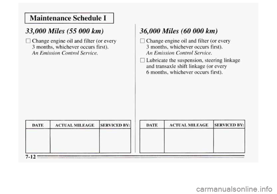 Oldsmobile Achieva 1995 s Manual PDF 1 Maintenance Schedule I I
33,000 Miles (55 000 km)
0 Change engine oil and filter (or every
3 months, whichever occurs first).
An Em.ission Control Service.
€
I I
ACTUAL MILEAGE SERVIC Oldsmobile Achieva 1995 s Manual PDF 1 Maintenance Schedule I I
33,000 Miles (55 000 km)
0 Change engine oil and filter (or every
3 months, whichever occurs first).
An Em.ission Control Service.
€
I I
ACTUAL MILEAGE SERVIC