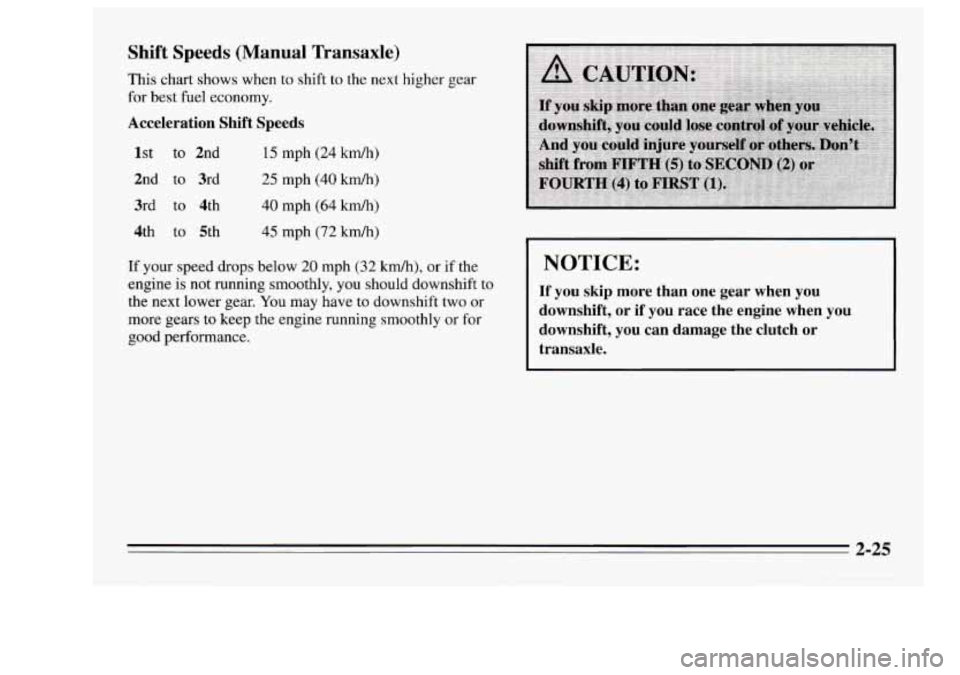 Oldsmobile Achieva 1995  s Manual Online Shift Speeds  (Manual  Transaxle) 
This  chart  shows when to  shift  to  the  next higher  gear 
for  best  fuel economy. 
Acceleration  Shift  Speeds 
1st to 2nd 
2nd  to  3rd 
3rd  to  4th 
4th  to