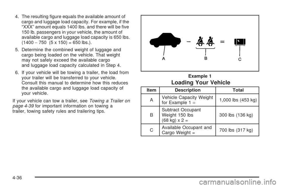 Oldsmobile Alero 2004  Owners Manuals 4. The resulting ﬁgure equals the available amount of
cargo and luggage load capacity. For example, if the
“XXX” amount equals 1400 lbs. and there will be ﬁve
150 lb. passengers in your vehicl