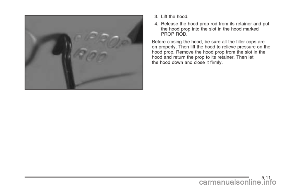 Oldsmobile Alero 2004  Owners Manuals 3. Lift the hood.
4. Release the hood prop rod from its retainer and put
the hood prop into the slot in the hood marked
PROP ROD.
Before closing the hood, be sure all the ﬁller caps are
on properly.