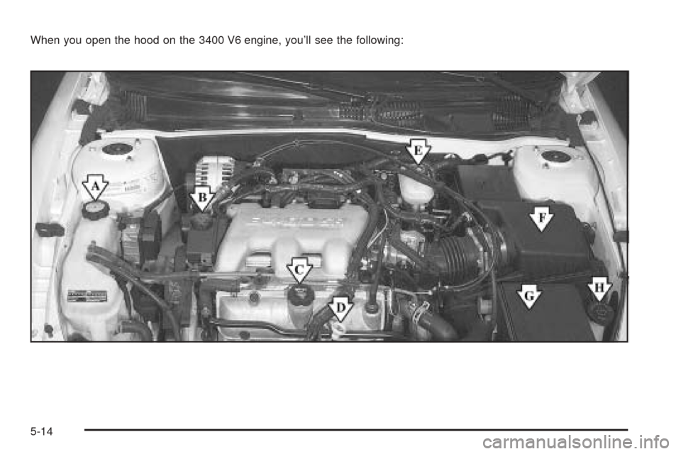 Oldsmobile Alero 2004  Owners Manuals When you open the hood on the 3400 V6 engine, you’ll see the following:
5-14 