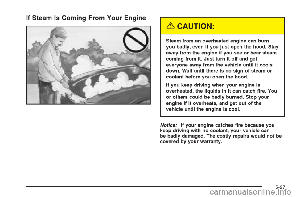 Oldsmobile Alero 2004  Owners Manuals If Steam Is Coming From Your Engine
{CAUTION:
Steam from an overheated engine can burn
you badly, even if you just open the hood. Stay
away from the engine if you see or hear steam
coming from it. Jus