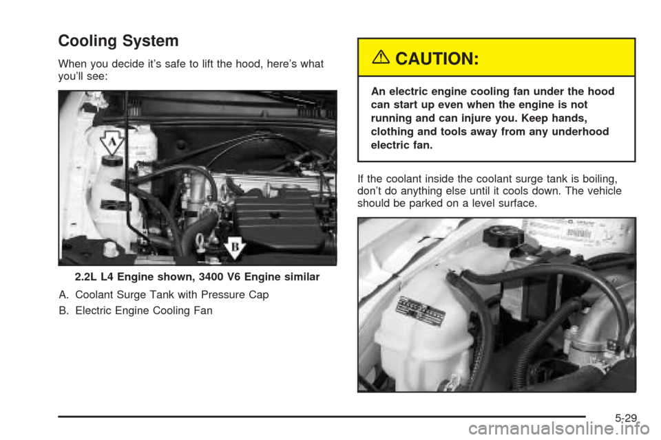 Oldsmobile Alero 2004  Owners Manuals Cooling System
When you decide it’s safe to lift the hood, here’s what
you’ll see:
A. Coolant Surge Tank with Pressure Cap
B. Electric Engine Cooling Fan{CAUTION:
An electric engine cooling fan 