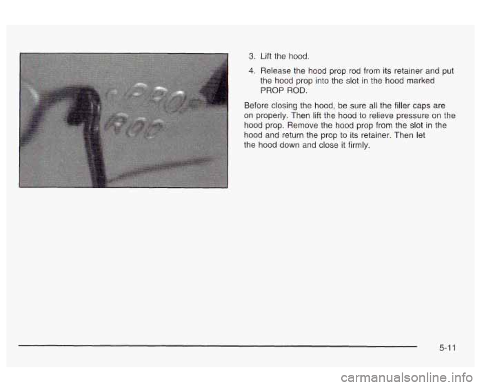 Oldsmobile Alero 2003 Owners Manuals 3. Lift the hood.
4. Release the hood prop rod from its retainer and put
the hood prop into the slot in the hood marked
PROP ROD.
Before closing the hood, be sure all the filler ca Oldsmobile Alero 2003 Owners Manuals 3. Lift the hood.
4. Release the hood prop rod from its retainer and put
the hood prop into the slot in the hood marked
PROP ROD.
Before closing the hood, be sure all the filler ca