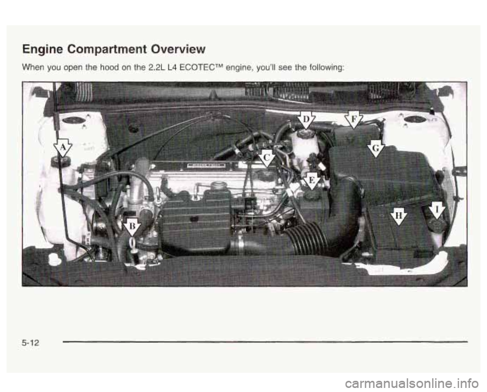 Oldsmobile Alero 2003 Owners Manuals Engine Compartment Overview
When you open the hood on the 2.2L L4 ECOTECTM engine, youll see the following:
5-1 2 Oldsmobile Alero 2003 Owners Manuals Engine Compartment Overview
When you open the hood on the 2.2L L4 ECOTECTM engine, youll see the following:
5-1 2