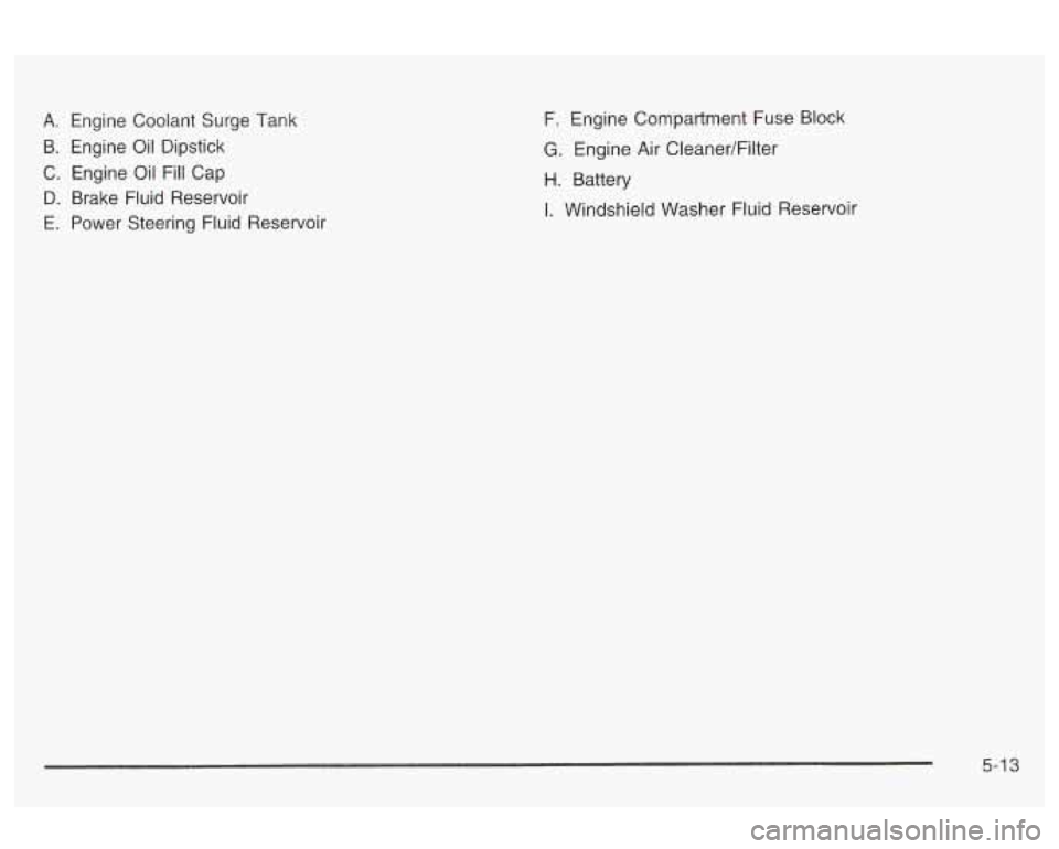 Oldsmobile Alero 2003  Owners Manuals A. Engine  Coolant  Surge  Tank 
B.  Engine  Oil Dipstick 
C.  Engine  Oil Fill Cap 
D. Brake Fluid Reservoir 
E. Power  Steering Fluid Reservoir  F.  Engine  Compartment  Fuse  Block 
G. Engine  Air 