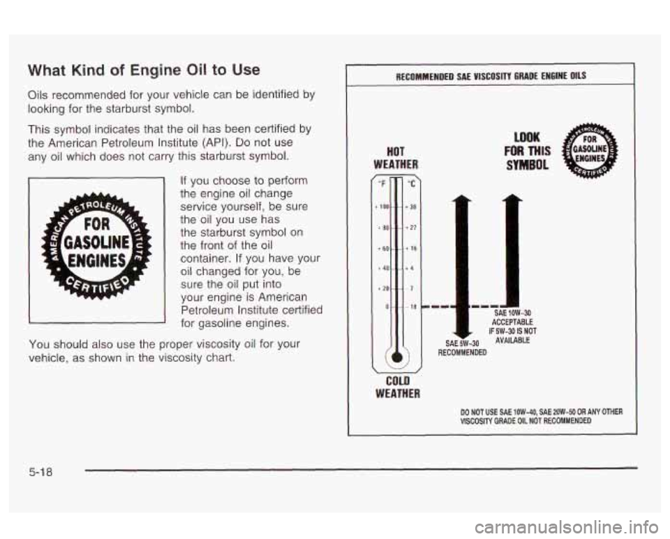 Oldsmobile Alero 2003  Owners Manuals What Kind of Engine Oil to Use 
Oils recommended  for your  vehicle  can  be identified  by 
looking for the starburst  symbol. 
This  symbol  indicates that  the oil has  been certified by 
the  Amer