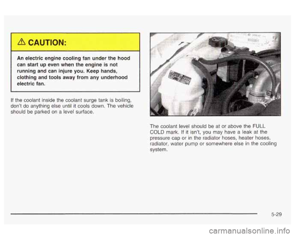 Oldsmobile Alero 2003  s User Guide An electric  engine  cooling  fan  under  the  hood 
can  start  up  even  when  the engine  is not 
running  and  can  injure  you.  Keep hands, 
clothing  and  tools  away  from  any underhood 
elec
