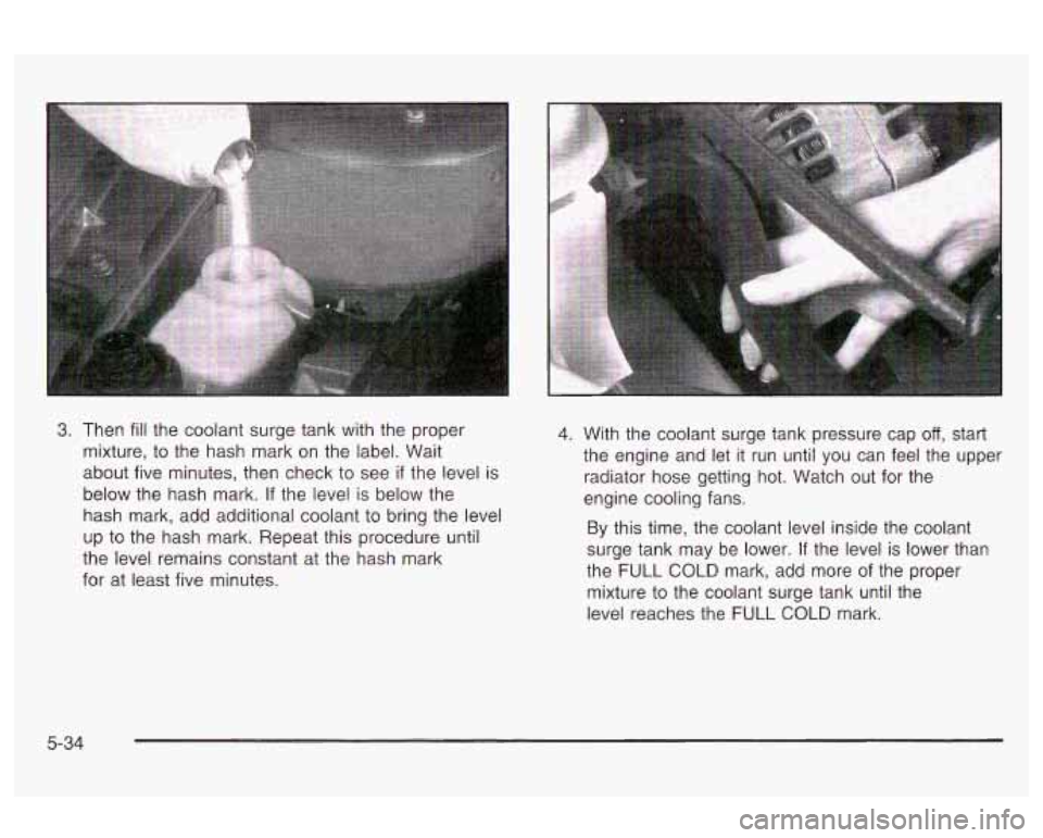 Oldsmobile Alero 2003  Owners Manuals 3. Then fill the coolant  surge tank with the  proper 
mixture,  to the  hash  mark  on  the label.  Wait 
about  five  minutes,  then check  to see 
if the  level is 
below  the hash  mark. 
If the l