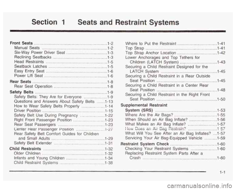 Oldsmobile Alero 2003  Owners Manuals Section 1 Seats and Restraint  Systems 
Front  Seats .......................... ...... 1-2 
Manual  Seats 
............................... ...... 1-2 
Six-Way  Power  Driver  Seat 
............. , ...