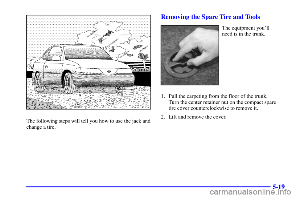 Oldsmobile Alero 2002  Owners Manuals 5-19
The following steps will tell you how to use the jack and
change a tire.
Removing the Spare Tire and Tools
The equipment youll 
need is in the trunk.
1. Pull the carpeting from the floor of the 