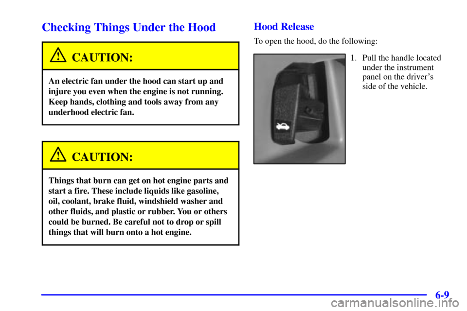 Oldsmobile Alero 2002  Owners Manuals 6-9
Checking Things Under the Hood
CAUTION:
An electric fan under the hood can start up and
injure you even when the engine is not running.
Keep hands, clothing and tools away from any
underhood elect