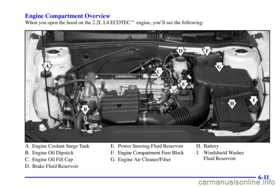 Oldsmobile Alero 2002  Owners Manuals 6-11 Engine Compartment Overview
When you open the hood on the 2.2L L4 ECOTEC engine, youll see the following:
A. Engine Coolant Surge Tank
B. Engine Oil Dipstick
C. Engine Oil Fill Cap
D. Brake Flu