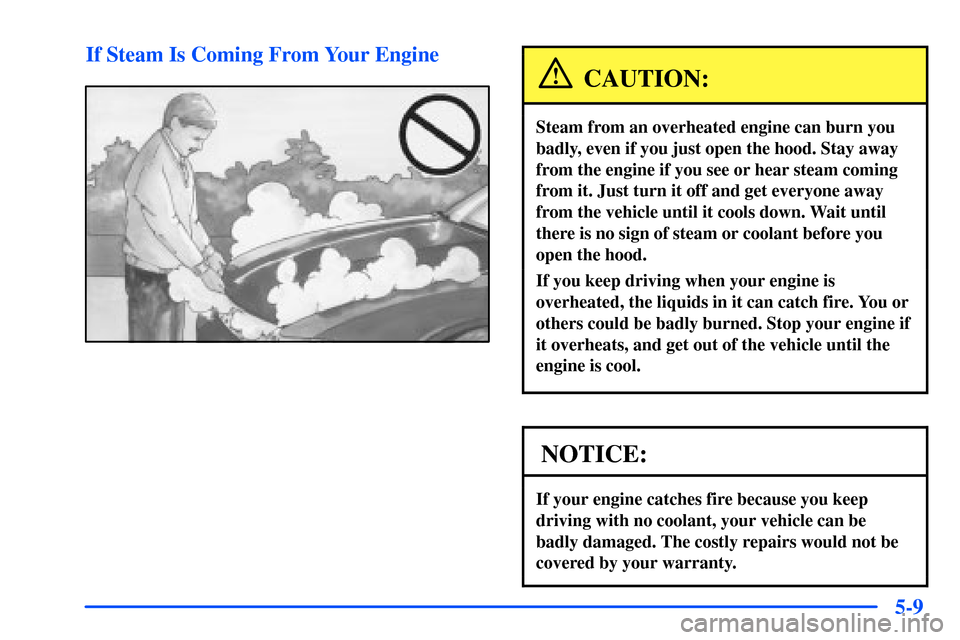 Oldsmobile Alero 2001  Owners Manuals 5-9 If Steam Is Coming From Your Engine
CAUTION:
Steam from an overheated engine can burn you
badly, even if you just open the hood. Stay away
from the engine if you see or hear steam coming
from it. 
