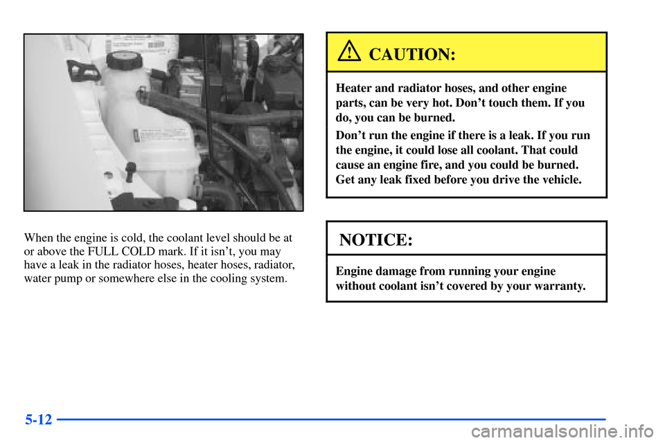 Oldsmobile Alero 2001  Owners Manuals 5-12
When the engine is cold, the coolant level should be at
or above the FULL COLD mark. If it isnt, you may
have a leak in the radiator hoses, heater hoses, radiator,
water pump or somewhere else i