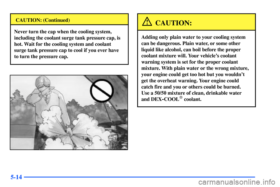 Oldsmobile Alero 2001  s Owners Guide 5-14
CAUTION: (Continued)
Never turn the cap when the cooling system,
including the coolant surge tank pressure cap, is
hot. Wait for the cooling system and coolant
surge tank pressure cap to cool if 