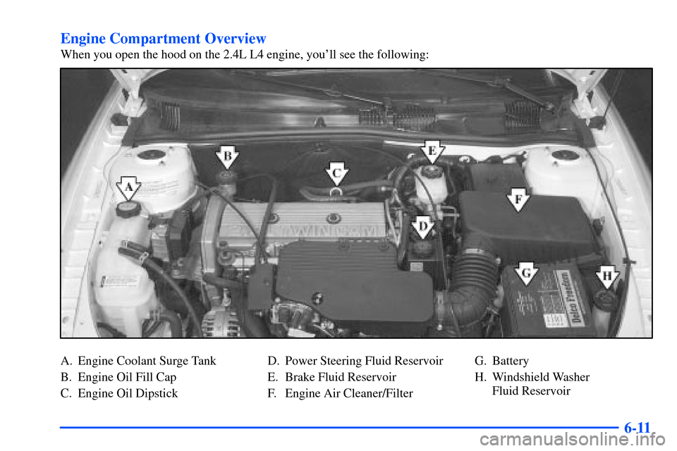 Oldsmobile Alero 2001  Owners Manuals 6-11 Engine Compartment Overview
When you open the hood on the 2.4L L4 engine, youll see the following:
A. Engine Coolant Surge Tank
B. Engine Oil Fill Cap
C. Engine Oil DipstickD. Power Steering Flu