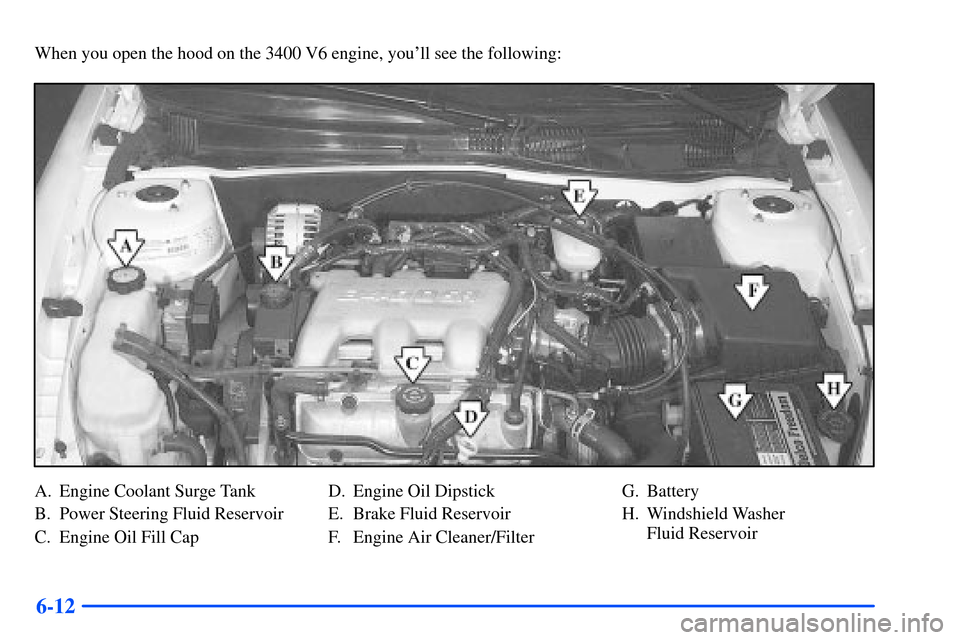 Oldsmobile Alero 2001  Owners Manuals 6-12
When you open the hood on the 3400 V6 engine, youll see the following:
A. Engine Coolant Surge Tank
B. Power Steering Fluid Reservoir
C. Engine Oil Fill CapD. Engine Oil Dipstick
E. Brake Fluid 