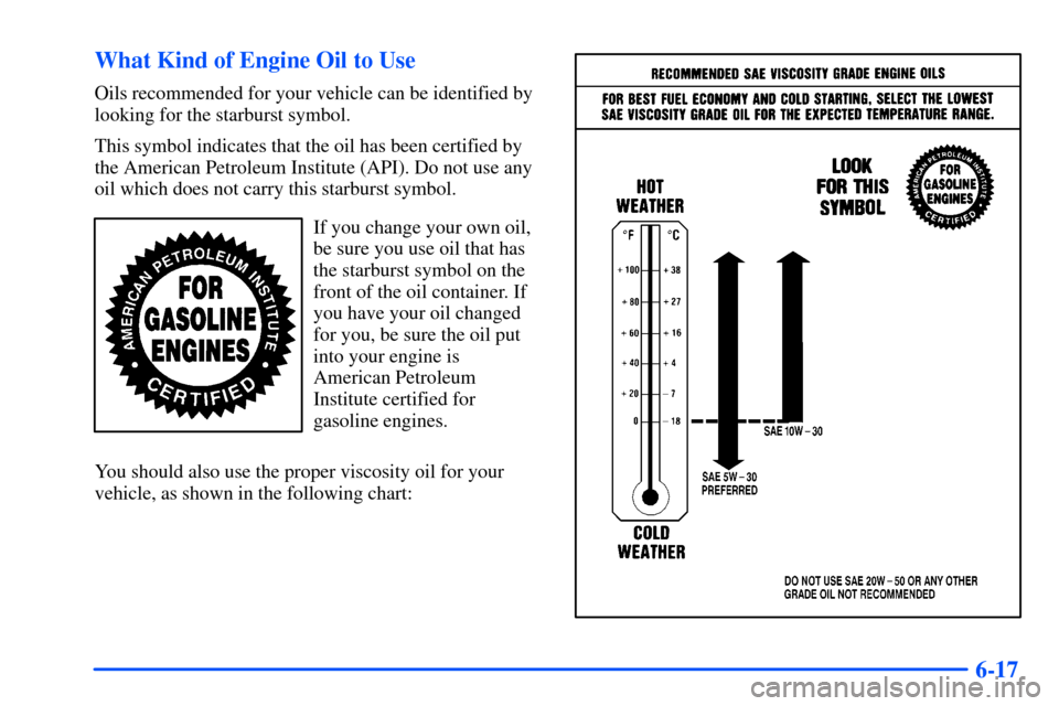 Oldsmobile Alero 2001  Owners Manuals 6-17 What Kind of Engine Oil to Use
Oils recommended for your vehicle can be identified by
looking for the starburst symbol.
This symbol indicates that the oil has been certified by
the American Petro