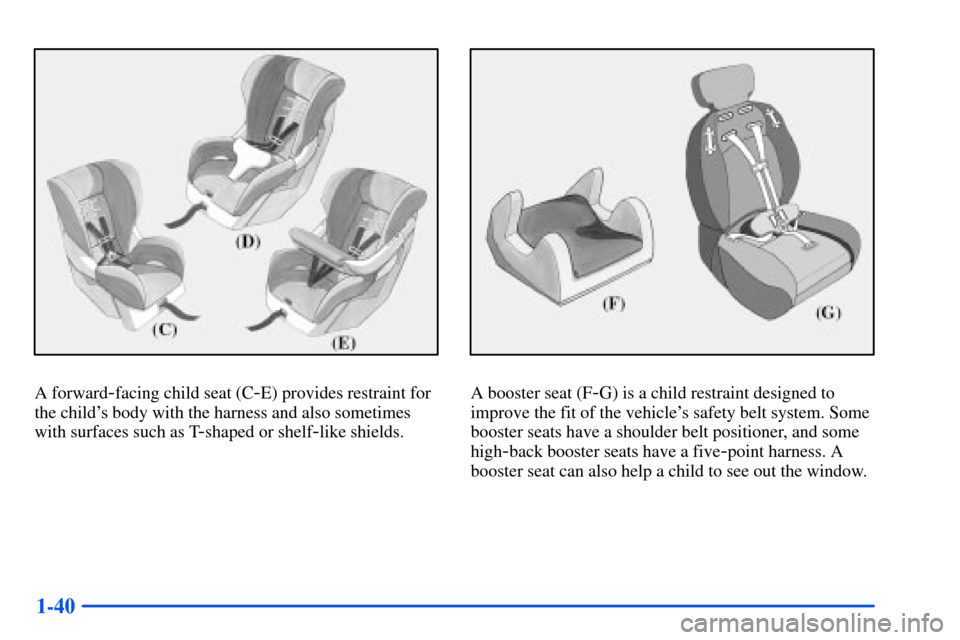 Oldsmobile Alero 2001 s Workshop Manual 1-40
A forward-facing child seat (C-E) provides restraint for
the childs body with the harness and also sometimes
with surfaces such as T
-shaped or shelf-like shields.
A booster seat (F-G) is a chil Oldsmobile Alero 2001 s Workshop Manual 1-40
A forward-facing child seat (C-E) provides restraint for
the childs body with the harness and also sometimes
with surfaces such as T
-shaped or shelf-like shields.
A booster seat (F-G) is a chil