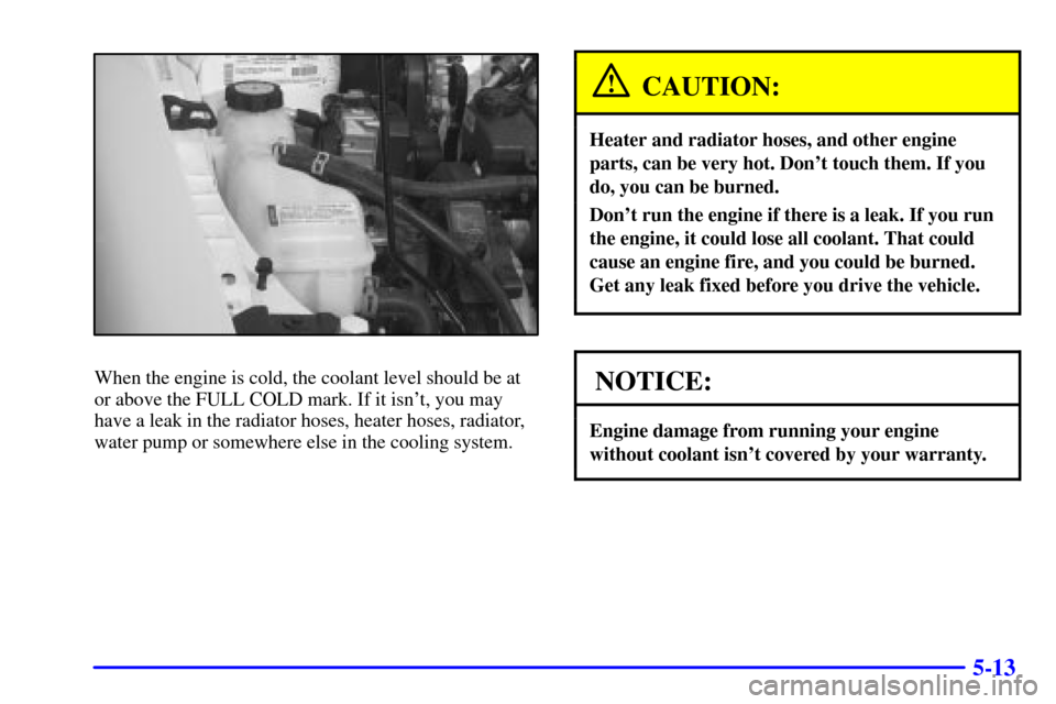 Oldsmobile Alero 2000  Owners Manuals 5-13
When the engine is cold, the coolant level should be at
or above the FULL COLD mark. If it isnt, you may
have a leak in the radiator hoses, heater hoses, radiator,
water pump or somewhere else i