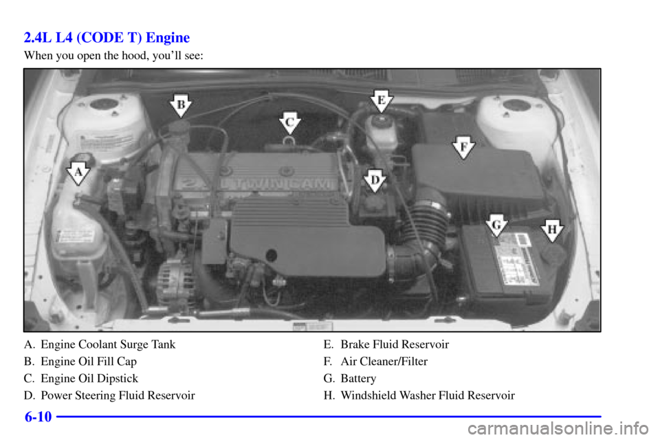 Oldsmobile Alero 2000  Owners Manuals 6-10 2.4L L4 (CODE T) Engine
When you open the hood, youll see:
A. Engine Coolant Surge Tank
B. Engine Oil Fill Cap
C. Engine Oil Dipstick
D. Power Steering Fluid ReservoirE. Brake Fluid Reservoir
F.