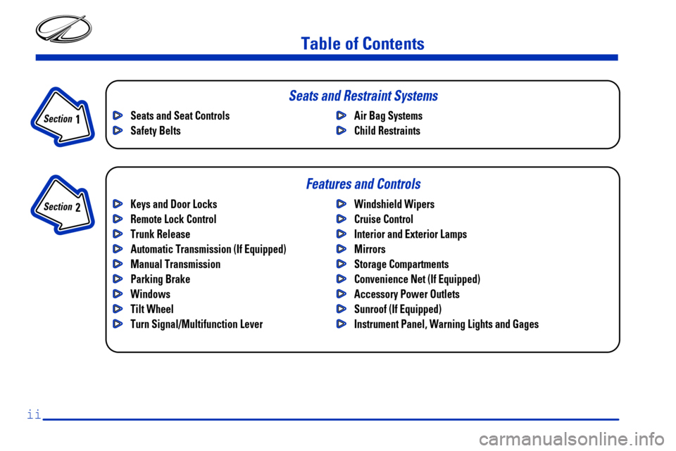 Oldsmobile Alero 2000  Owners Manuals Table of Contents
Keys and Door Locks
Remote Lock Control
Trunk Release
Automatic Transmission (If Equipped)
Manual Transmission 
Parking Brake
Windows
Tilt Wheel
Turn Signal/Multifunction LeverWindsh