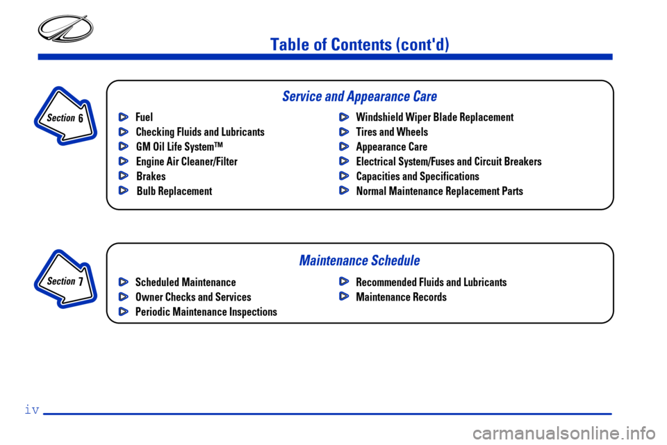 Oldsmobile Alero 2000  Owners Manuals iv
Table of Contents (contd)
Maintenance Schedule Service and Appearance Care
Section 
 7
Section 
 6
Scheduled Maintenance
Owner Checks and Services
Periodic Maintenance InspectionsRecommended Fluid