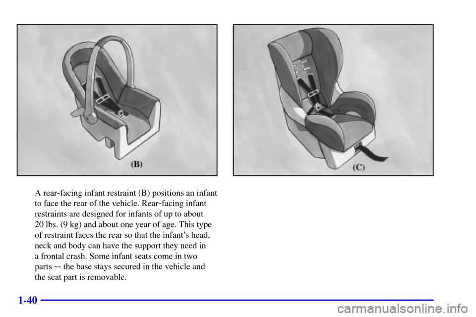 Oldsmobile Alero 2000  Owners Manuals 1-40
A rear-facing infant restraint (B) positions an infant
to face the rear of the vehicle. Rear
-facing infant
restraints are designed for infants of up to about 
20 lbs. (9 kg) and about one year o