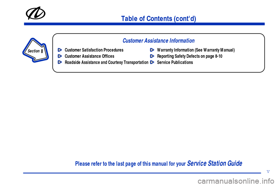 Oldsmobile Aurora 2001  Owners Manuals Table of Contents (contd)
Customer Assistance Information
In the Index you will find an alphabetical listing of almost every subject in this manual. 
 You can use it to quickly find something you wan