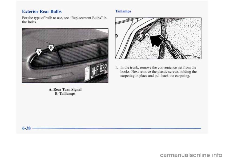 Oldsmobile Aurora 1998  Owners Manuals Exterior Rear Bulbs Taillamps 
For the  type of bulb  to use,  see “Replacement Bulbs”  in 
the Index. 
1. In the trunk, remove  the convenience net  from the 
hooks. Next remove the plastic screw