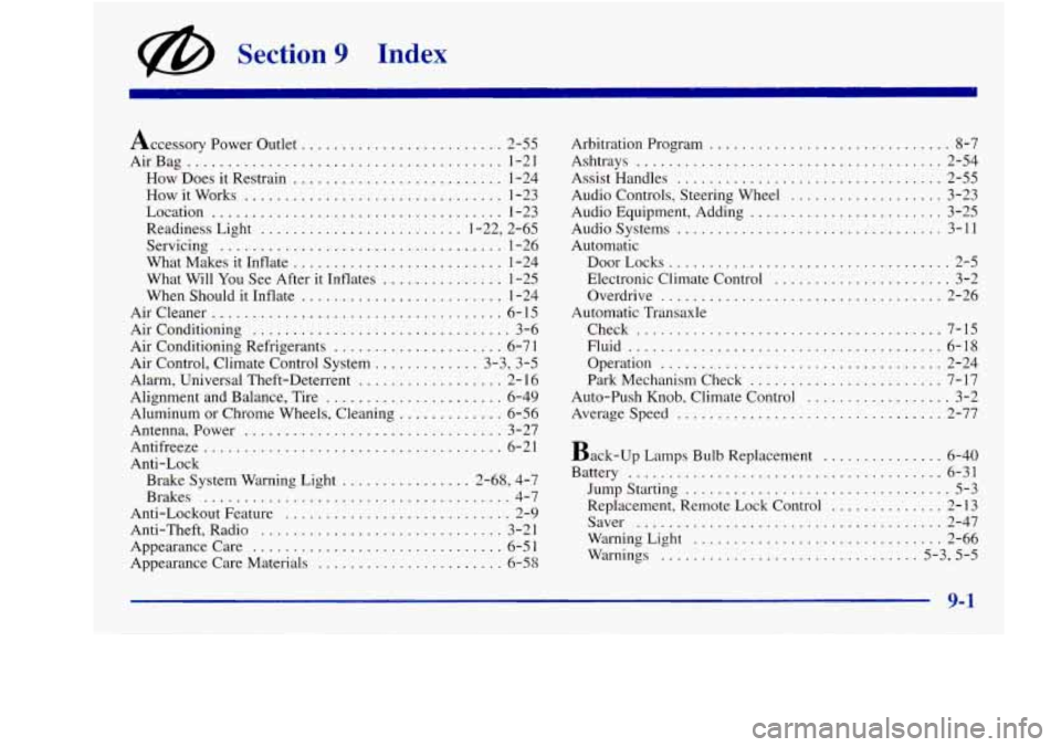 Oldsmobile Aurora 1998  Owners Manuals @ Section 9 Index 
Accessory Power Outlet ......................... 2-55 
Air  Bag 
....................................... 1-21 
How Does 
it Restrain .......................... 1-24 
How it  Works 
