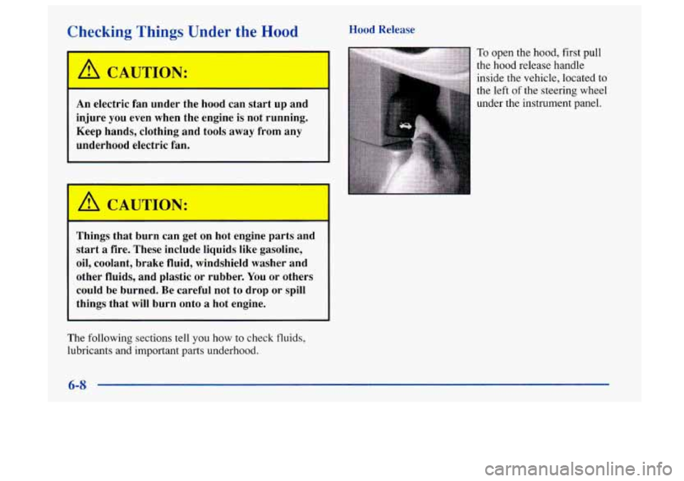 Oldsmobile Aurora 1997  Owners Manuals Checking  Things  Under the Hood 
I k!, CAUTION: 
An electric  fan  under  the  hood can  start  up  and 
injure  you even  when  the  engine is not  running. 
Keep  hands,  clothing  and  tools 
away