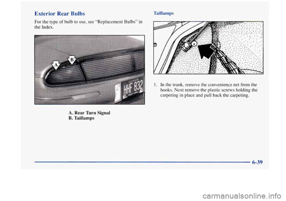 Oldsmobile Aurora 1997  Owners Manuals Exterior Rear Bulbs Taillamps 
For the  type of bulb  to use, see “Replacement  Bulbs”  in 
the  Index. 
1. In  the trunk, remove the convenience net from the 
hooks.  Next remove the plastic  scr