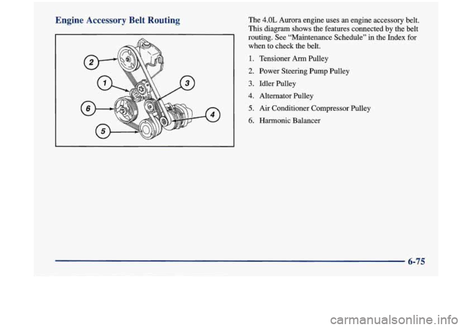 Oldsmobile Aurora 1997  Owners Manuals Engine Accessory  Belt  Routing The 4.0L Aurora  engine  uses an  engine  accessory belt. 
This  diagram  shows the  features  connected by  the belt 
routing.  See  “Maintenance  Schedule”  in  t