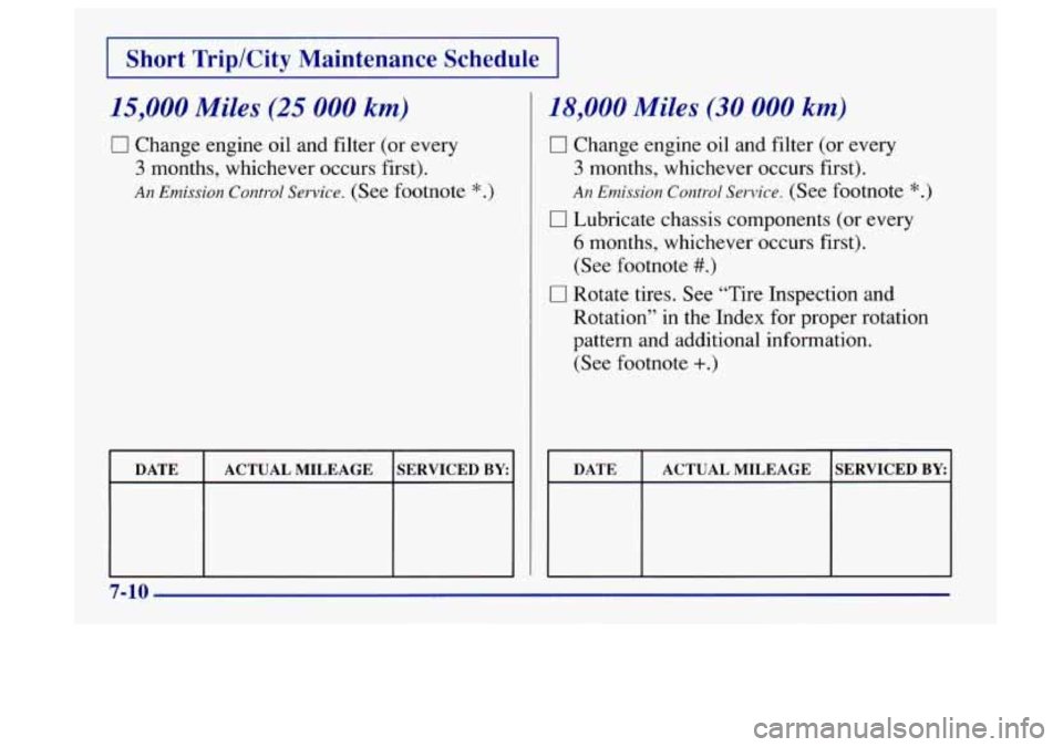 Oldsmobile Aurora 1997  Owners Manuals I Short  TriplCity  Maintenance  Schedule I 
15,000 Miles (25 000 kn) 
0 Change engine oil and filter (or  every 
3 months,  whichever  occurs  first). 
An Emission Control Service. (See footnote *.) 