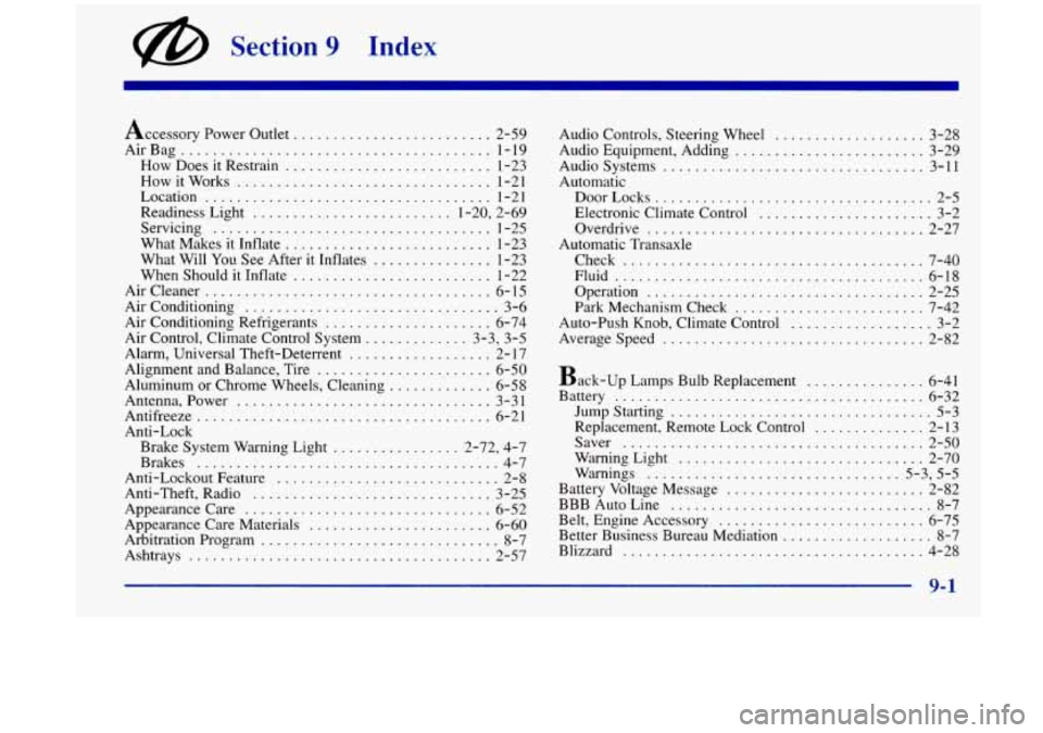 Oldsmobile Aurora 1997  Owners Manuals Index @ Section 9 
Accessory Power Outlet ......................... 2-59 
AirBag 
....................................... 1-19 
How  Does it Restrain 
.......................... 1-23 
How  it Works 
.